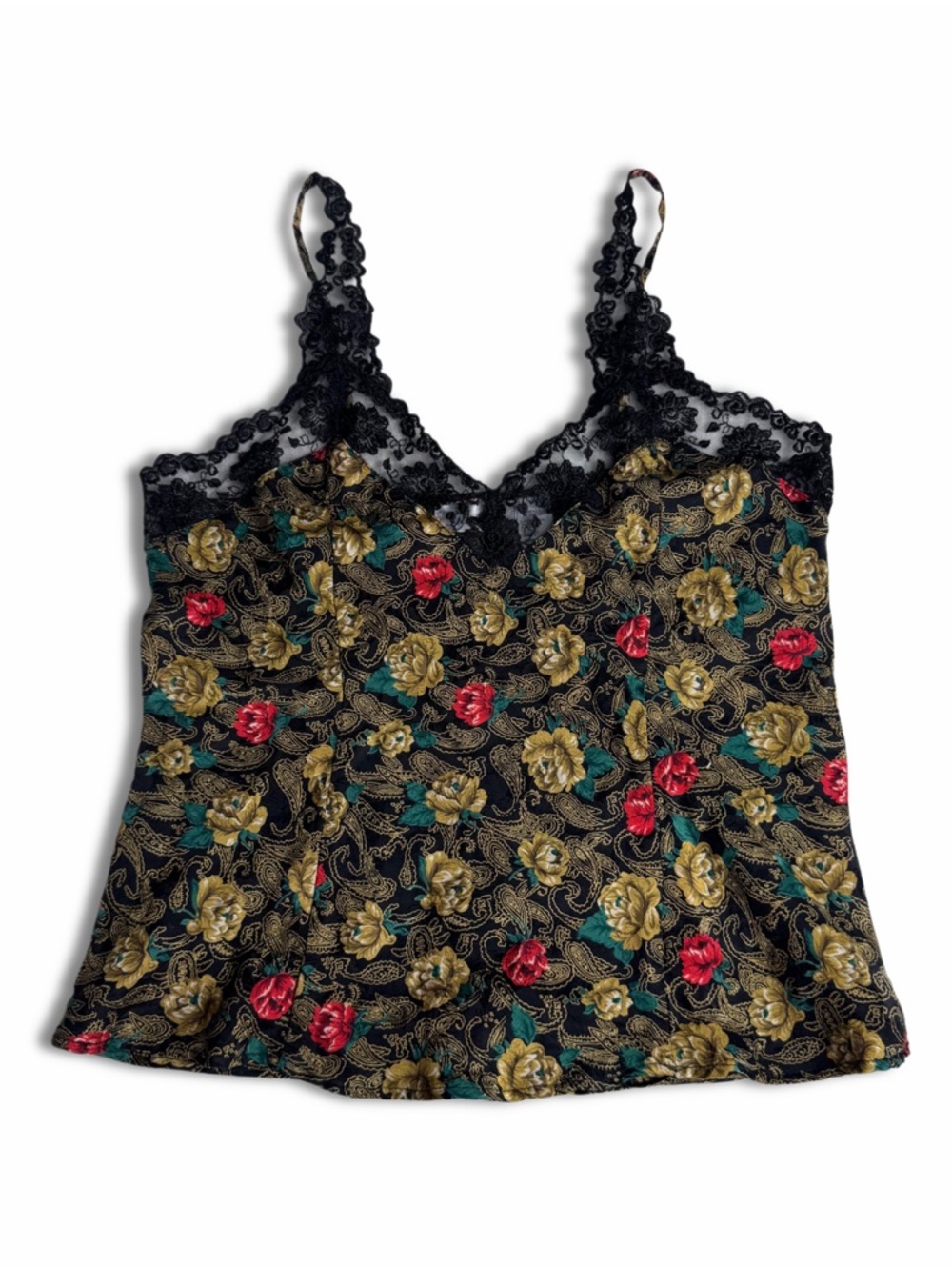 Vintage Silkscreen Graphic Floral 100% Silk Sheer Lace Trim Corset Cami